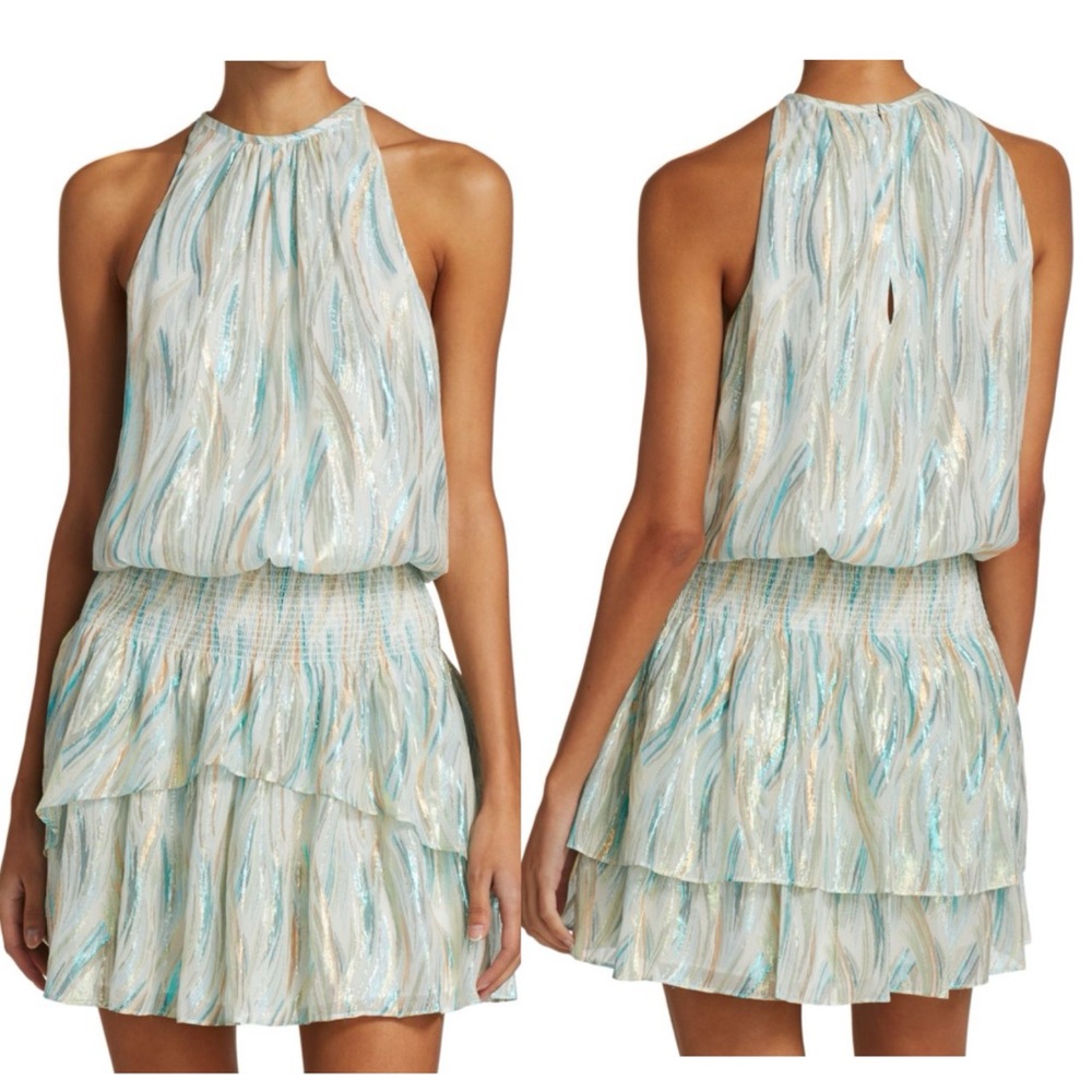 NWT RAMY BROOK Silk & Lurex Halterneck Blouson Mini  Dress Size M Multi Color